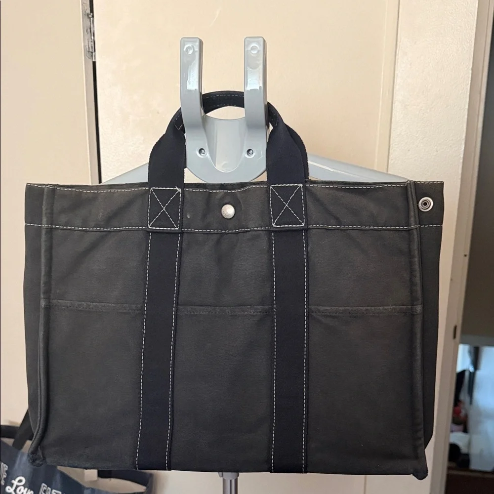 Hermes Black Canvas Briefcase Tote with Navy Webbing With seal